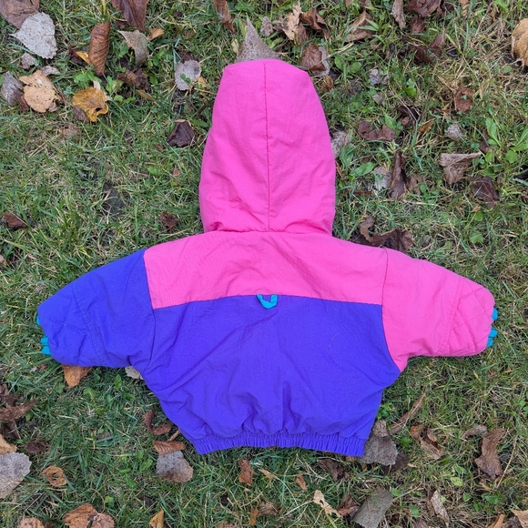 Vintage Baby B'Gosh Colorblock Winter Jacket Zip Front Hooded Pink Purple 12 M - Picture 2 of 5